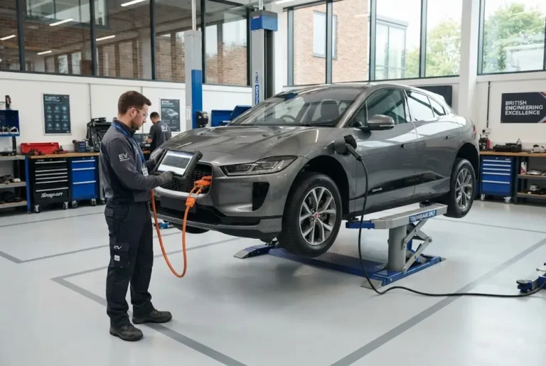 EV servicing at a professional electric vehicle workshop in the UK