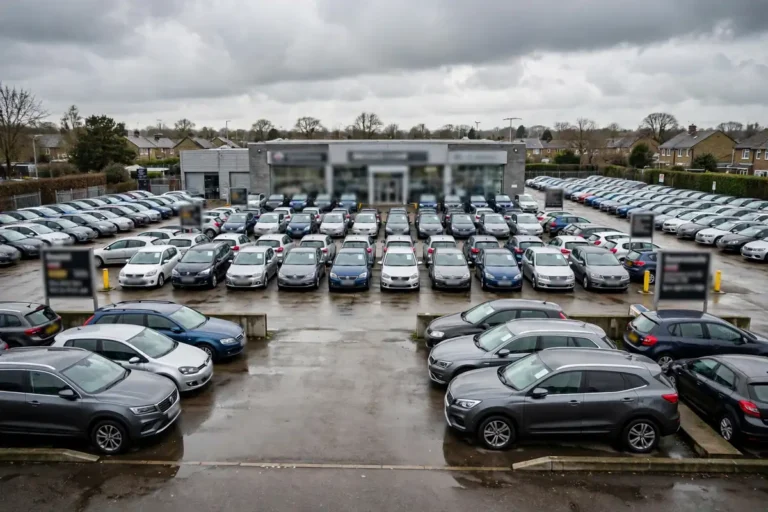 Rows of used cars for sale on a UK dealer forecourt