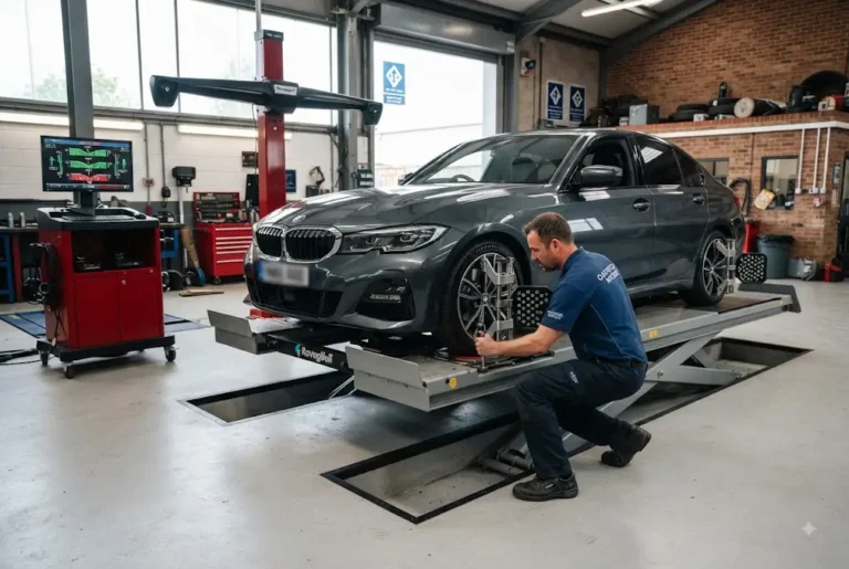 Wheel alignment being performed at a professional UK automotive workshop