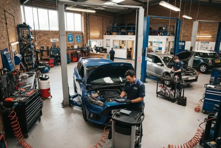 auto service garage with technicians working in a modern British workshop
