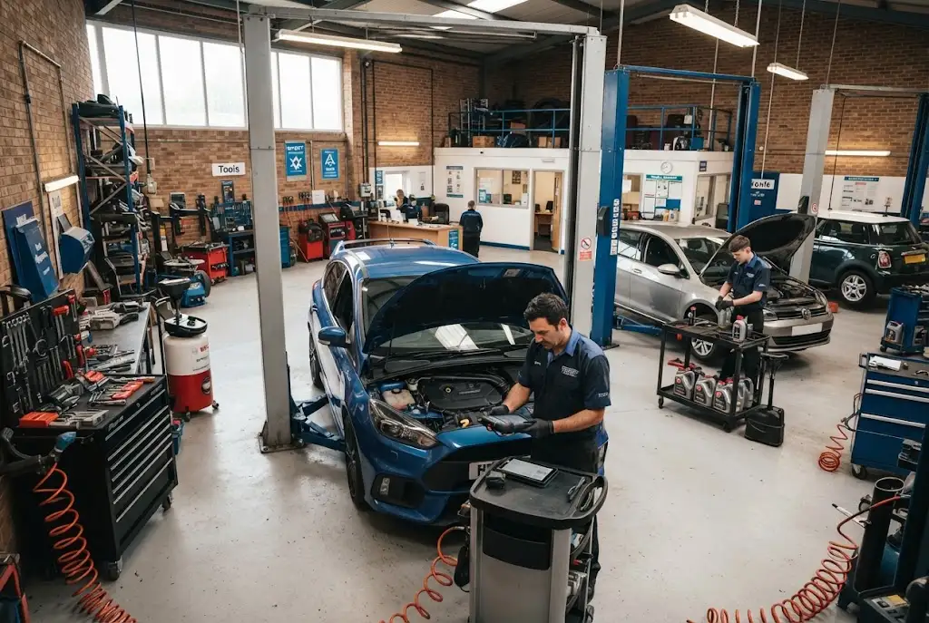 auto service garage with technicians working in a modern British workshop