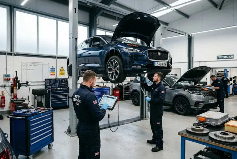 Auto services industry in the UK with technicians servicing a modern vehicle