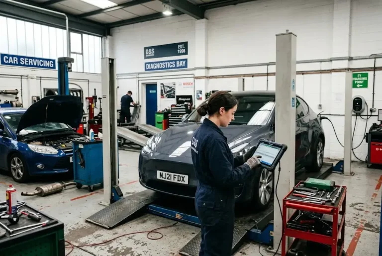Car servicing in the UK at a modern automotive workshop