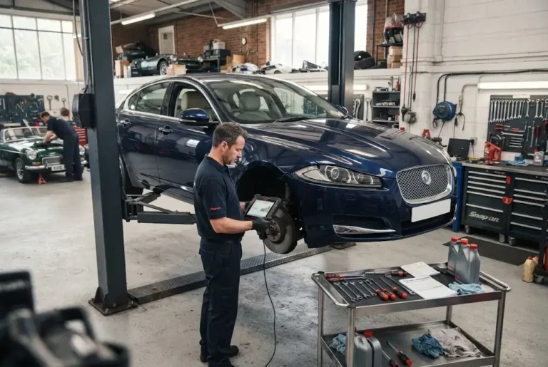 vehicle maintenance inspection at a modern UK automotive workshop