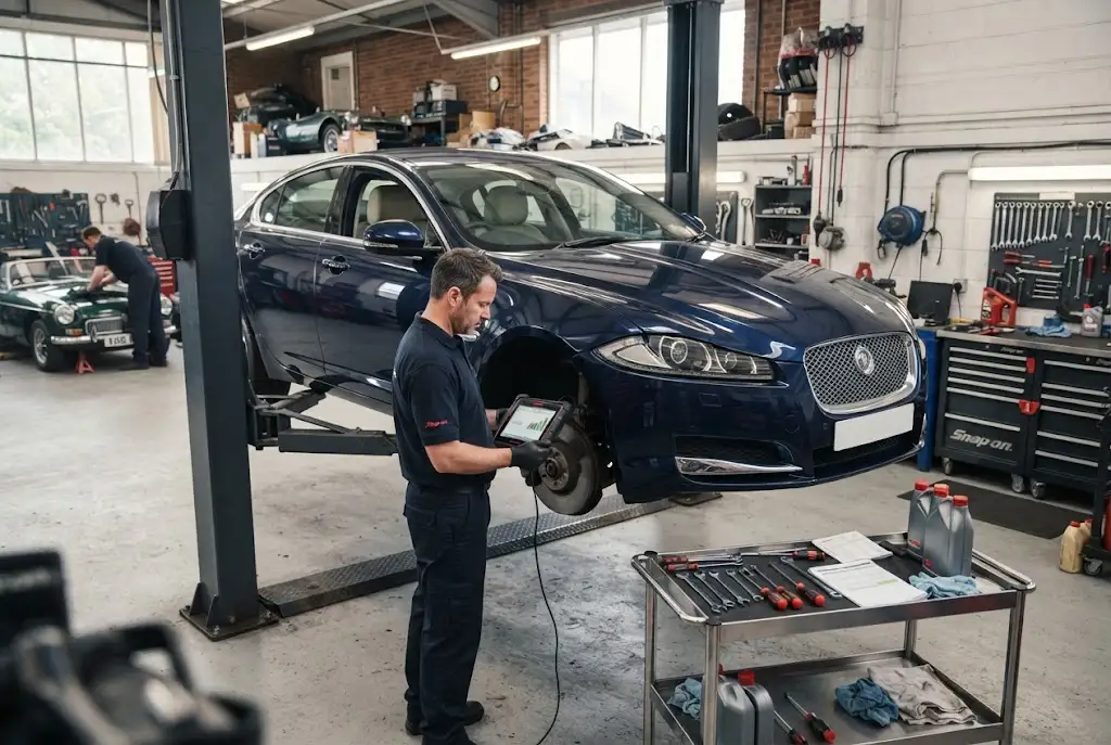 vehicle maintenance inspection at a modern UK automotive workshop