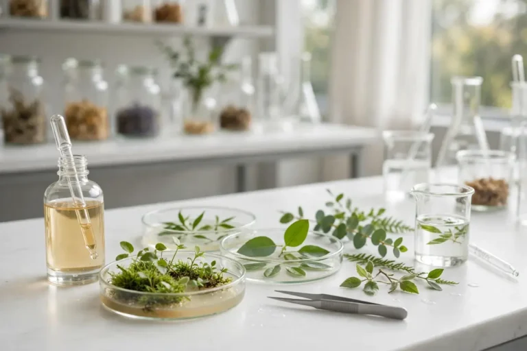Illustration of skin longevity science research with botanical samples and a serum bottle in a laboratory